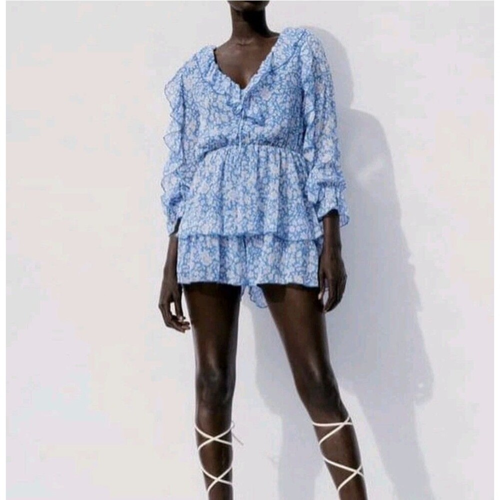 Zara Romper Womens Size S Blue Floral Long Sleeve Tiered Ruffle V-Neck Boho